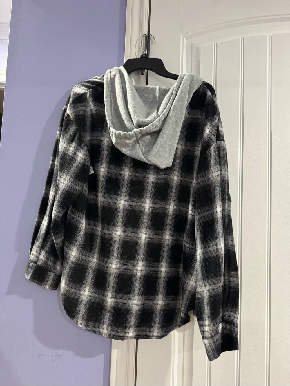 Men's Black & White Plaid Hooded Button-Up Shirt Jacket